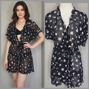 Floral Sheer Black Kimono Robe lightweight women's size large from In Bloom